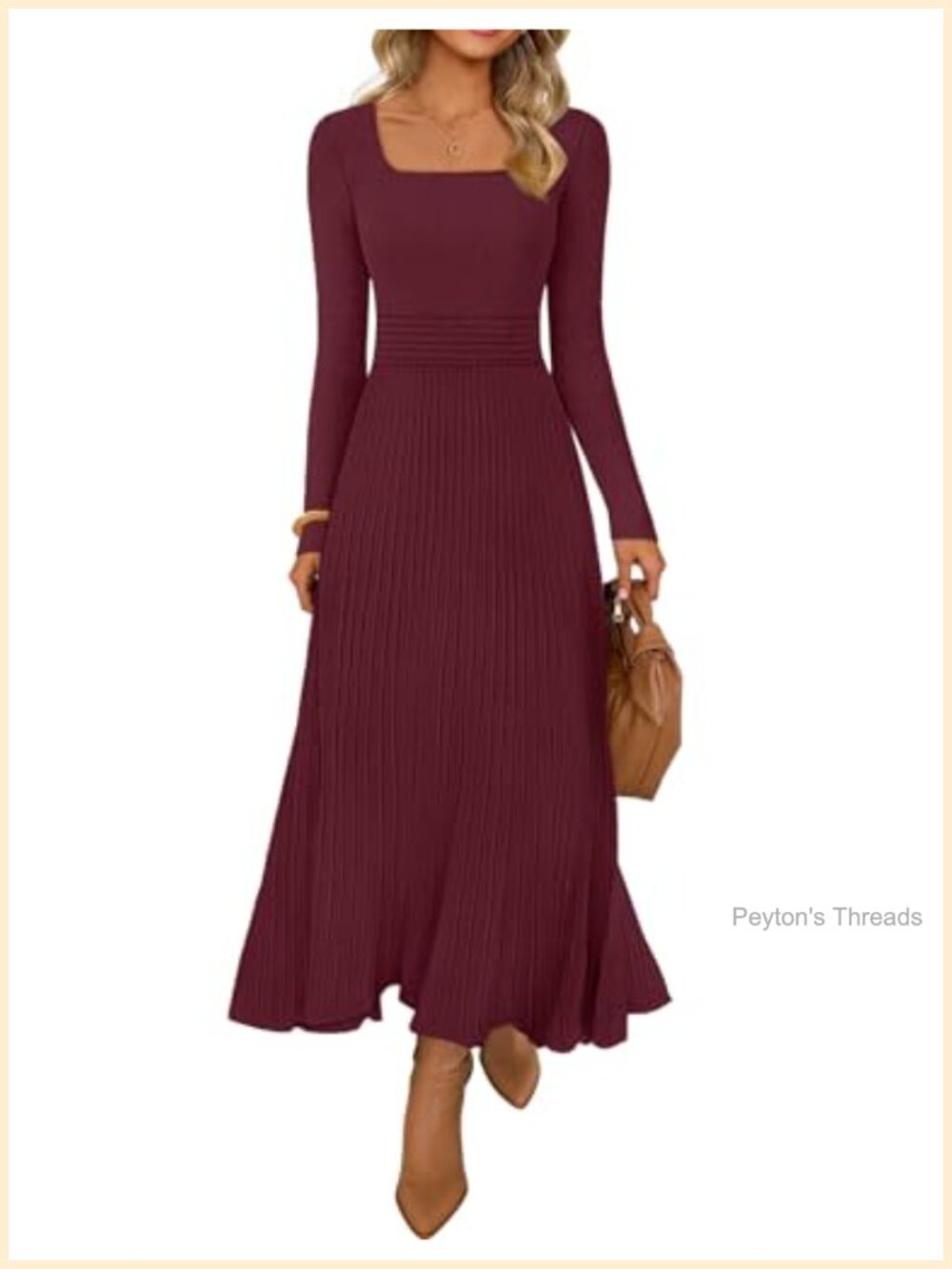 Women's Ribbed Knit Square Neck Midi Sweater Dress A-Line Empire Waist Swing